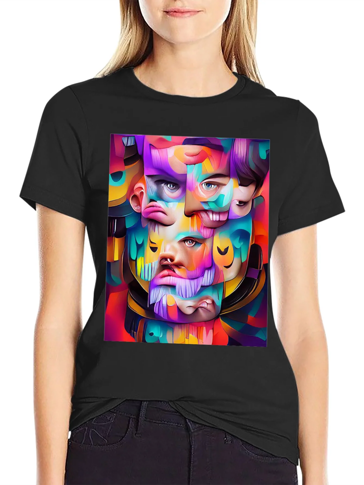Abstract Face Art Graphic Print Black T-Shirt product image 2