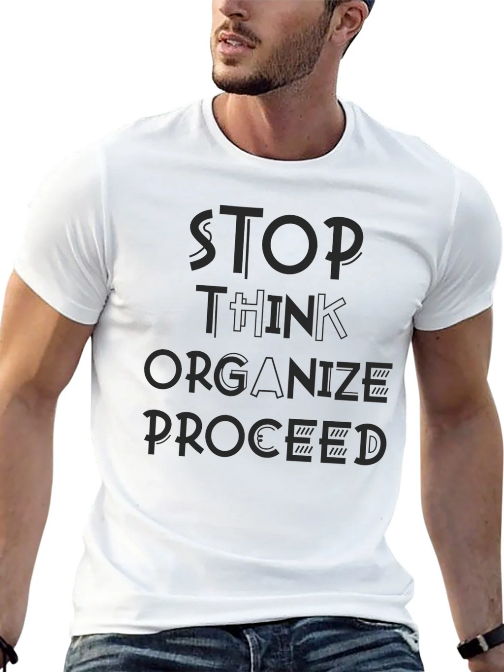 Stop Think Organize Proceed Black Graphic Tee product image 12