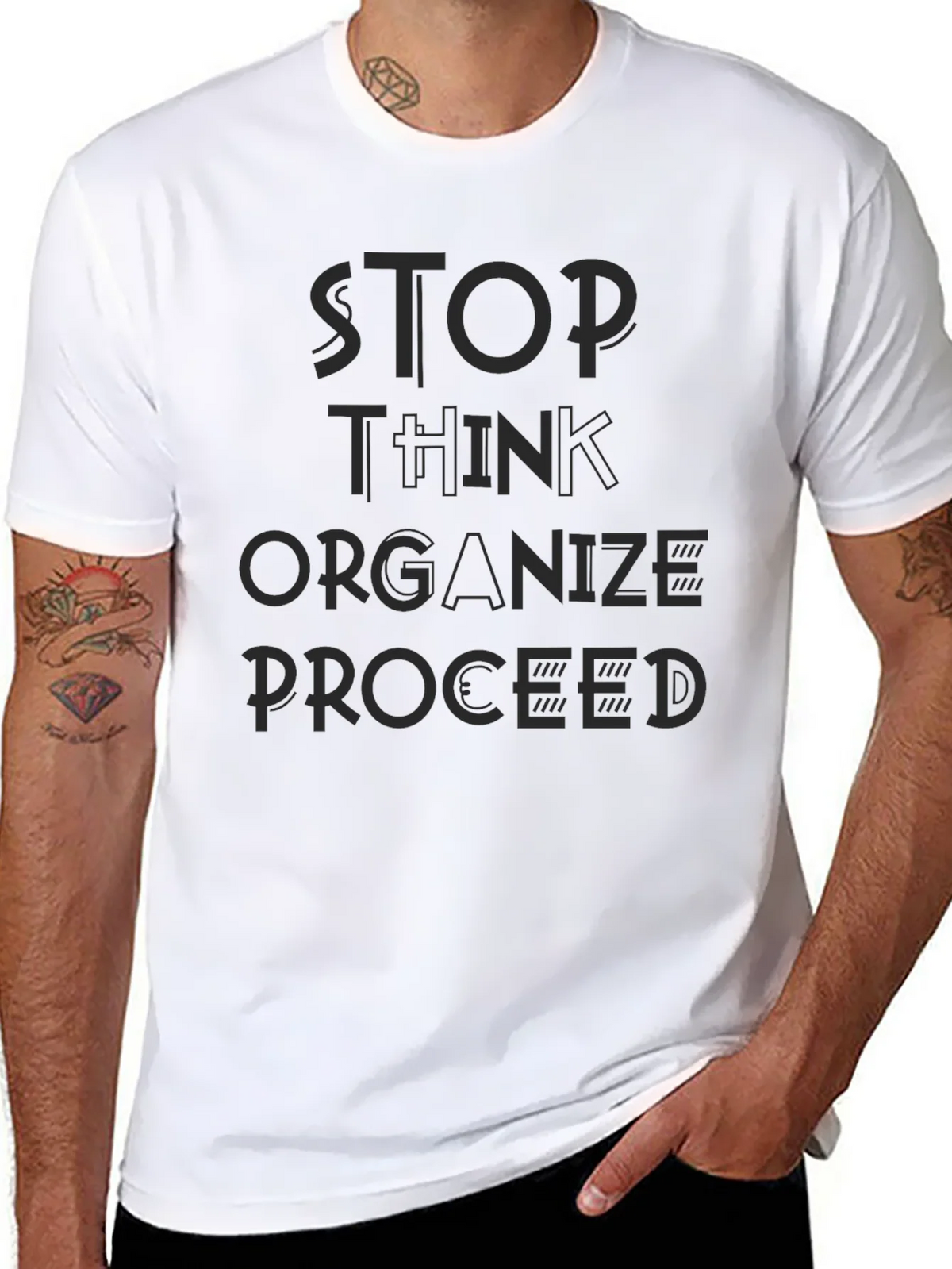 Stop Think Organize Proceed Black Graphic Tee product image 7