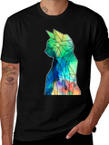 Geometric Cat Art Black T-Shirt - Stylish Mens Tee product image 1