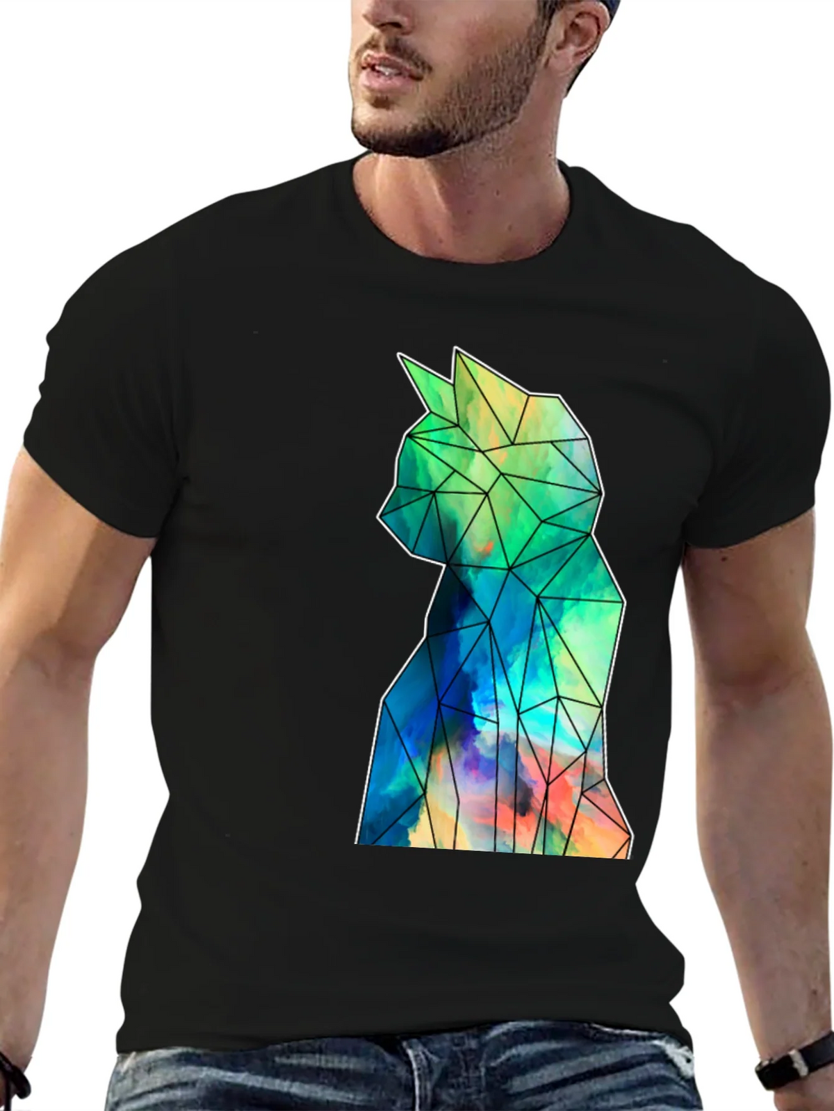 Geometric Cat Art Black T-Shirt - Stylish Mens Tee product image 6