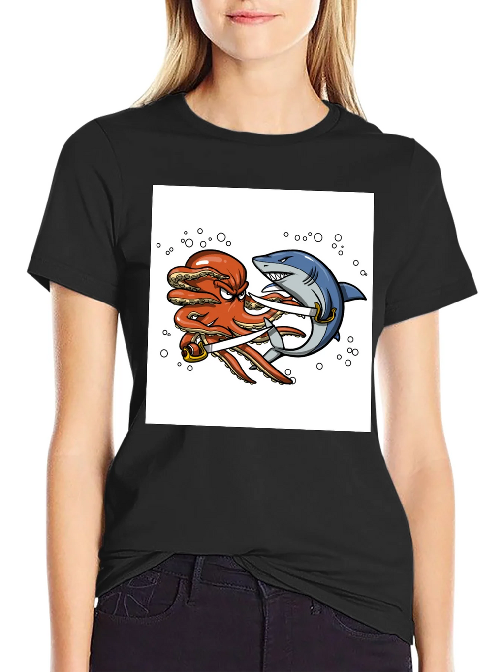 Octopus vs Shark Sword Fight T-Shirt product image 2