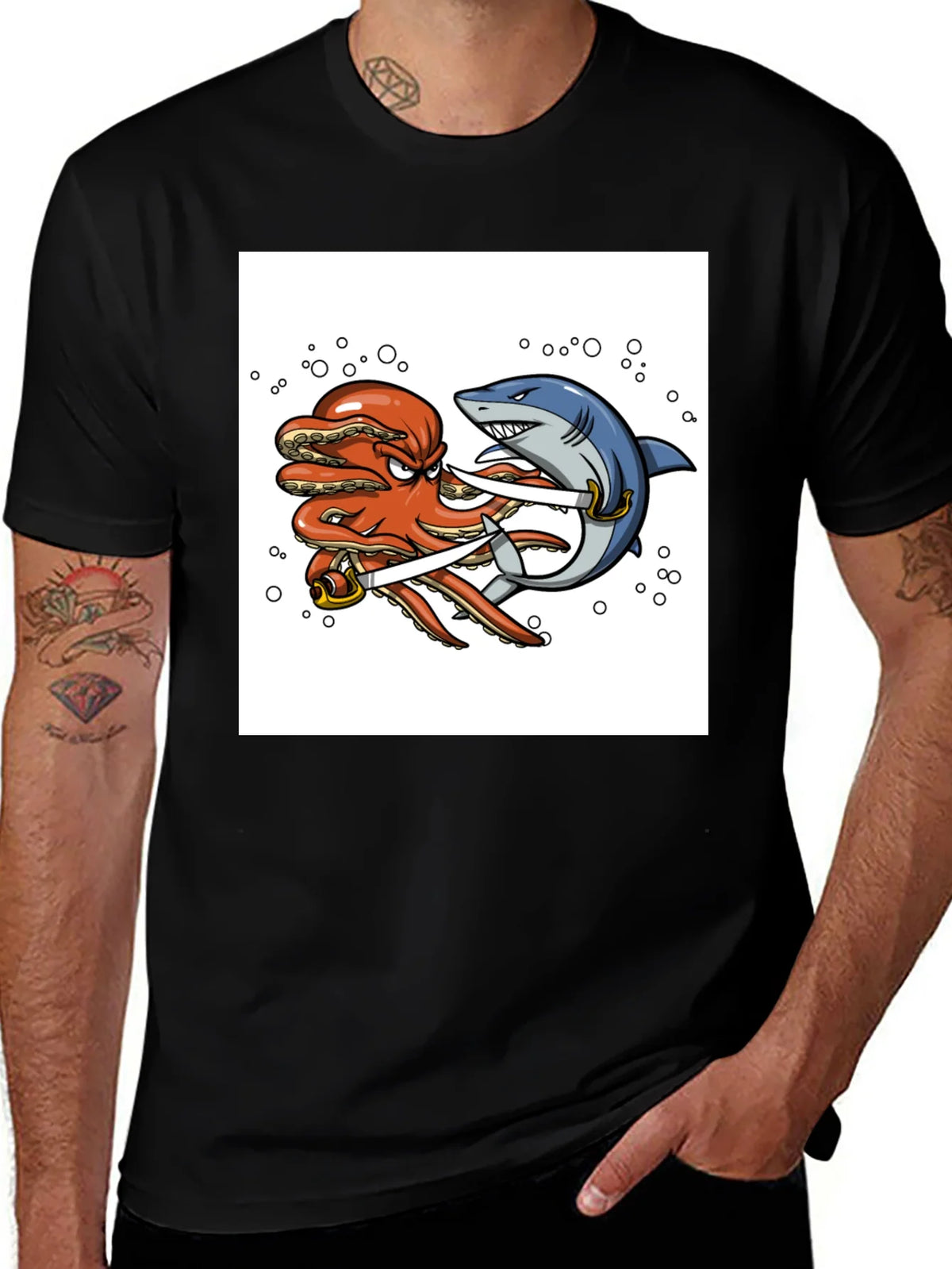 Octopus vs Shark Sword Fight T-Shirt product image 1