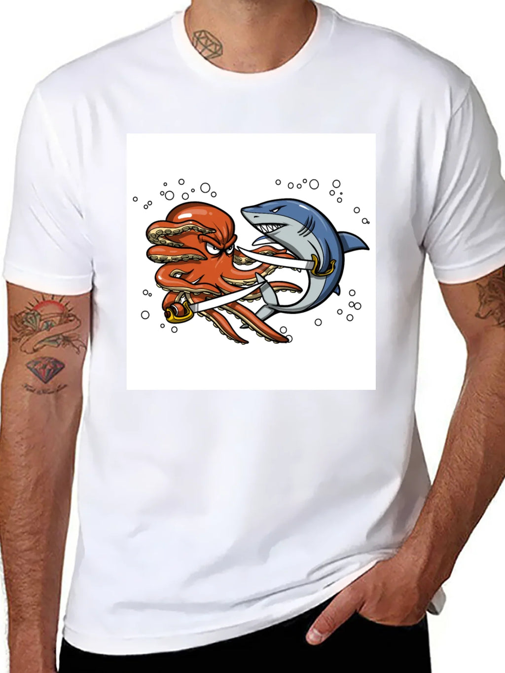 Octopus vs Shark Sword Fight T-Shirt product image 6