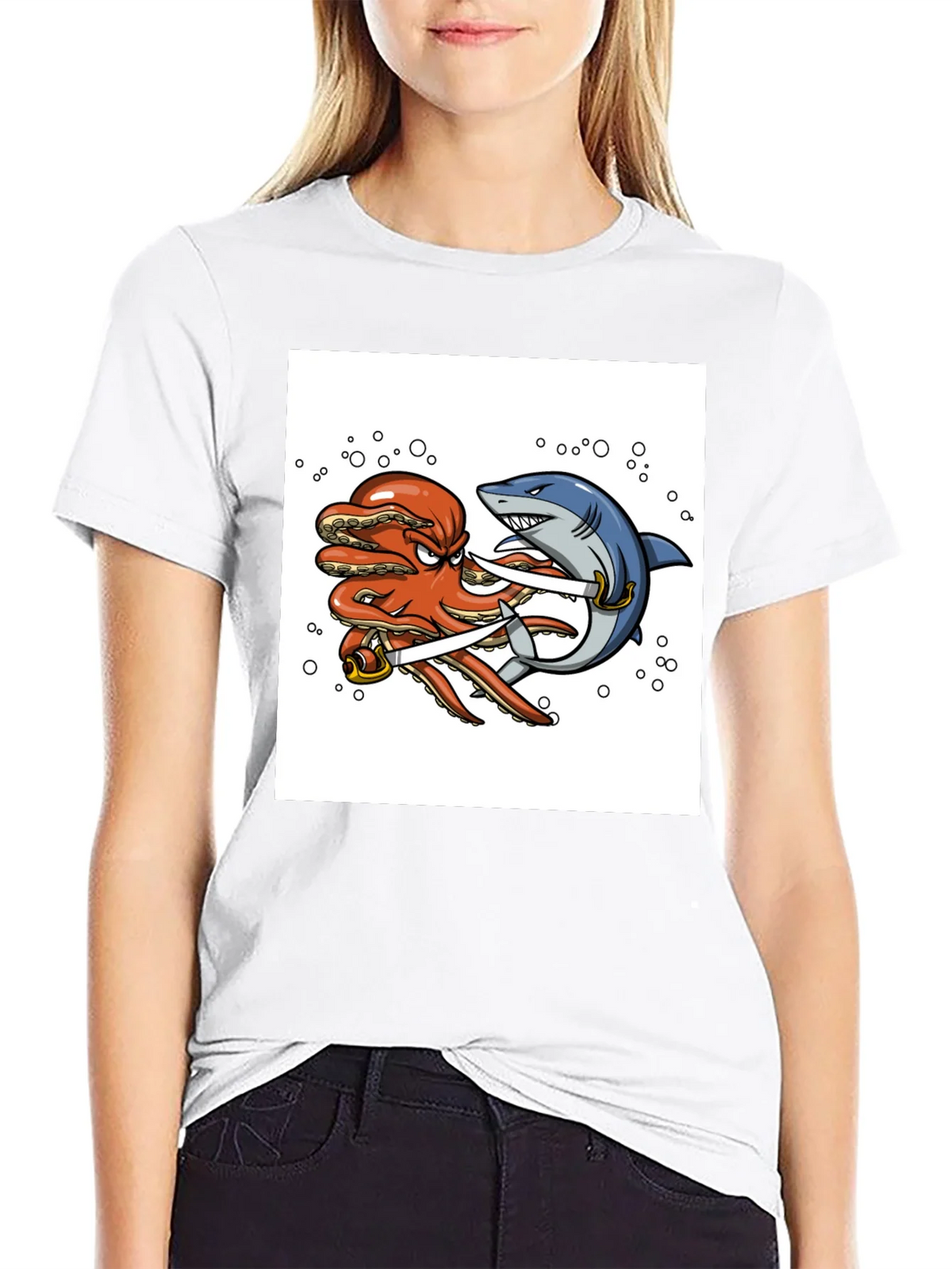 Octopus vs Shark Sword Fight T-Shirt product image 7